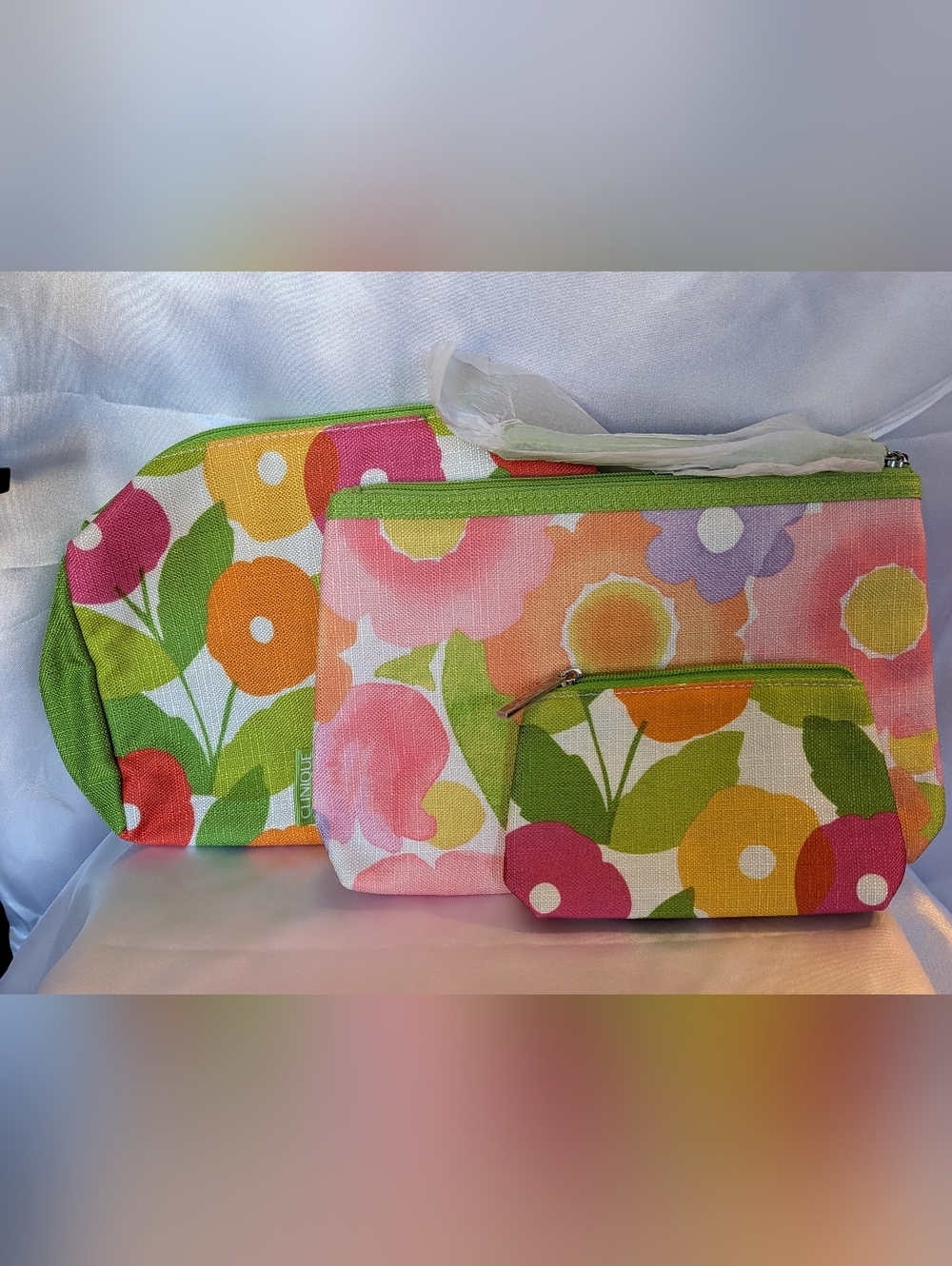 NEW! 3-PIECE Clinique Bright Floral Cosmetic Bag Set - Pink, Orange & Green